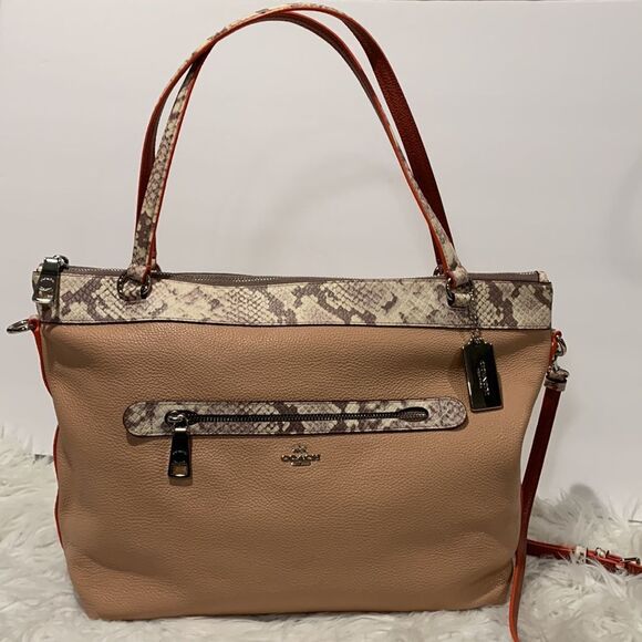COACH pebbled leather tote embossed snake print accent zip top adjustable strap - Picture 1 of 16